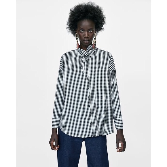 Zara Tops - Zara Tie Neck Gingham Shirt